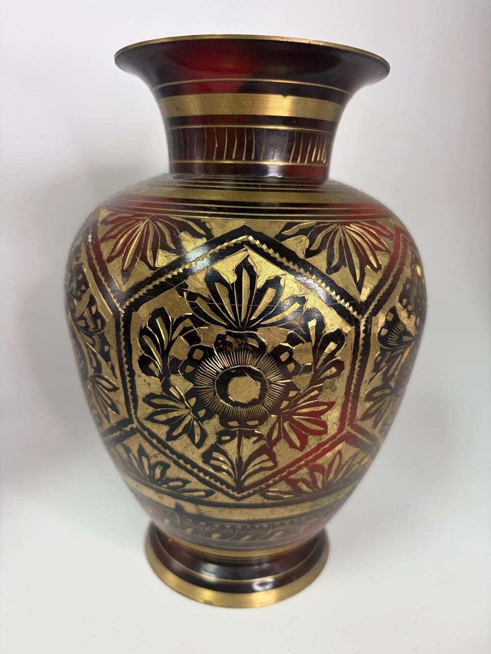 Vintage Brass Vase, Hand Engraved Floral Design, Red and Black Enamel, Indian Br